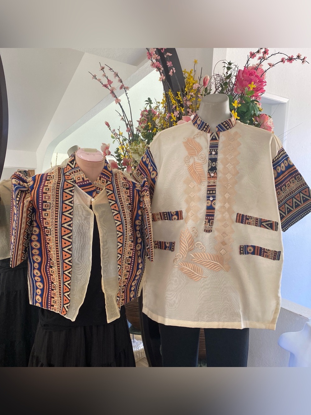 Filipiniana Bolero XL Blouse and 2XL Barong Tagalog Cream Embroidered Boho trim